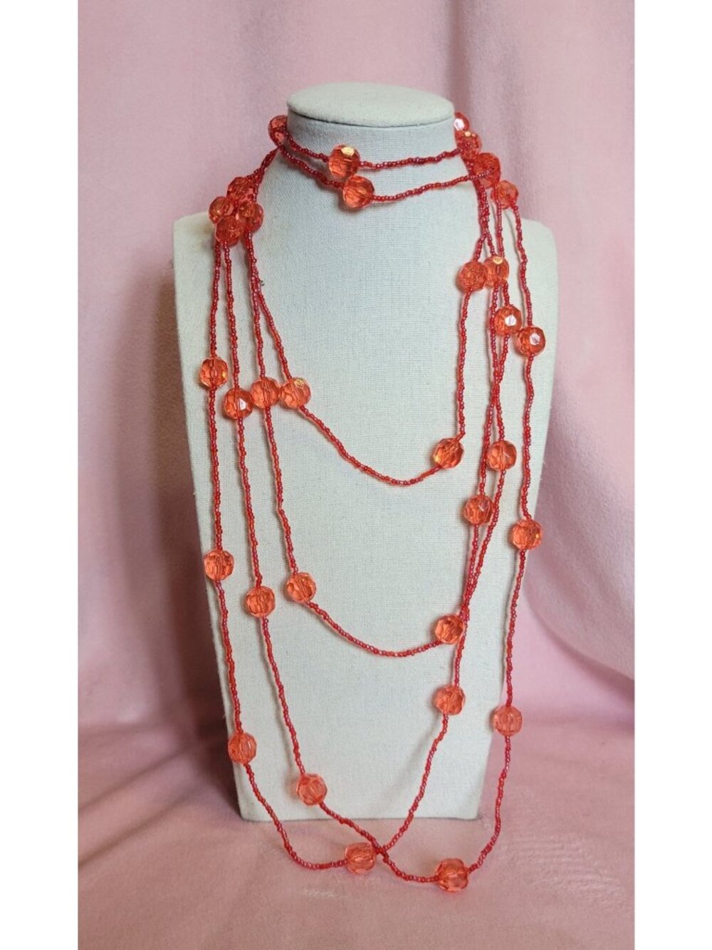 Long Pink Plastic Faceted Beaded Set of 2 Costume Necklace N1F